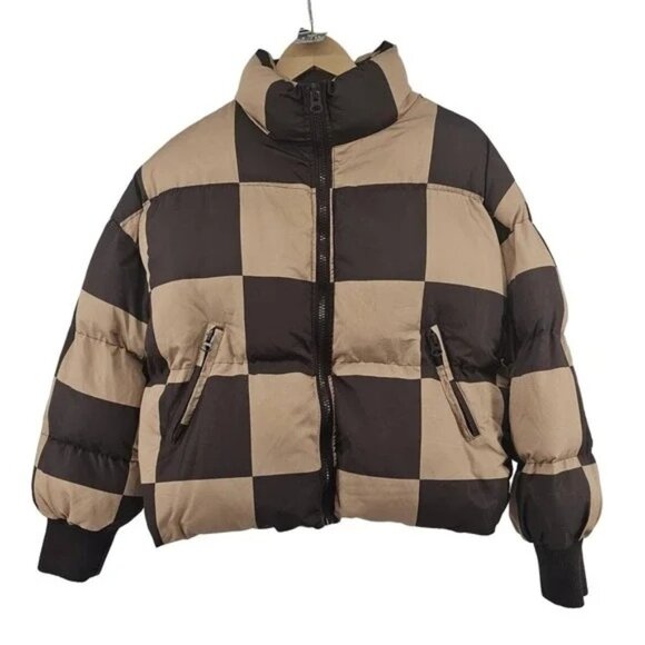 Edikted Jackets & Blazers - Edikted Checkerboard Puffer Jacket Womens Size S Brown & Beige Zipper Closure